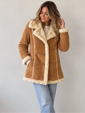 Y2K Penny Lane 70s Inspired Genuine Leather Faux Shearling Tan Brown Coat